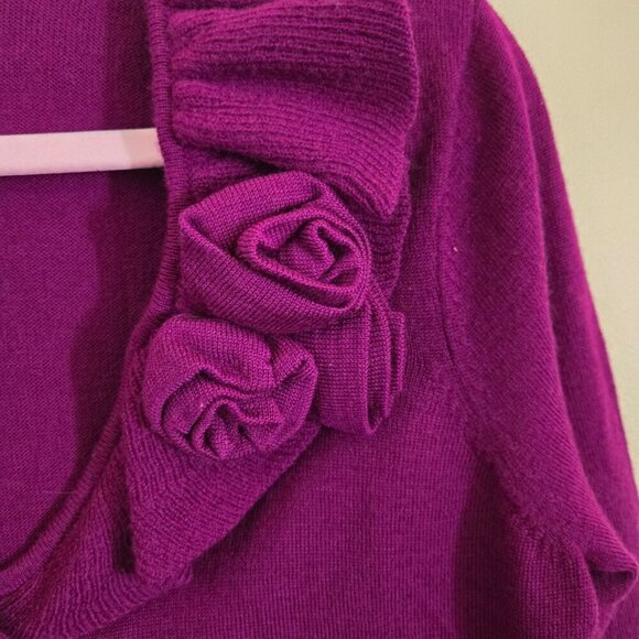 Kenar Vintage Stunning Plum Merino Wool Ruffle Collar Rosette Cardigan Sweater S - Picture 3 of 4